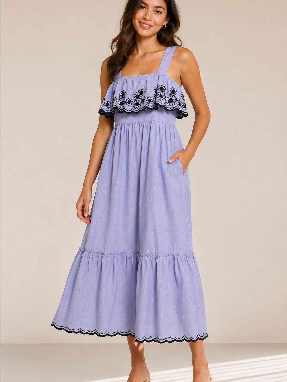 Kate Spade New York Blue Cotton Embroidered Ruffle Midi XS